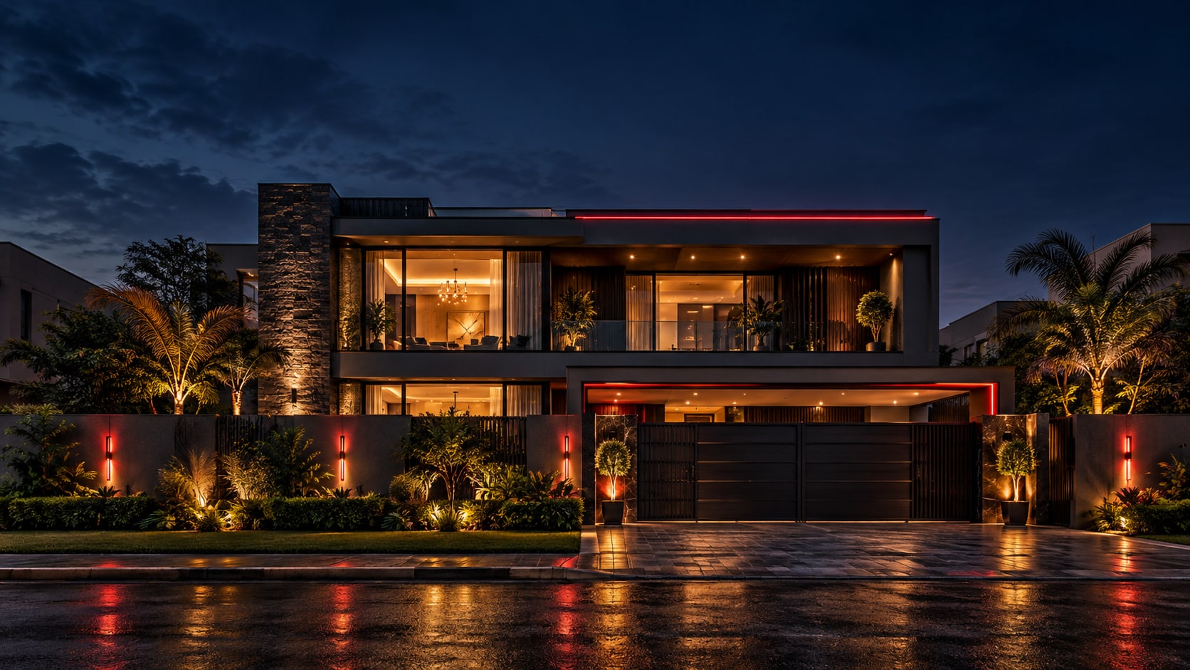 A lit contemporary villa with a stone-clad facade and landscaped garden at dusk